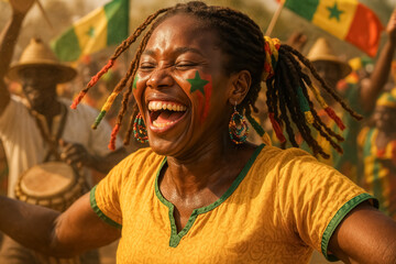 Obraz premium Joyful Senegalese woman with face paint dancing in stadium crowd
