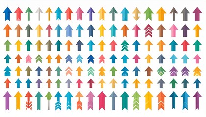 A vibrant collection of upward-pointing arrow icons in various styles and colors, representing growth, progress, direction, and achievement for modern graphic design
