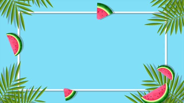 4k animation of A bright tropical themed background featuring watermelon slices and green palm leaves as a frame, leaving some copy space in the middle.