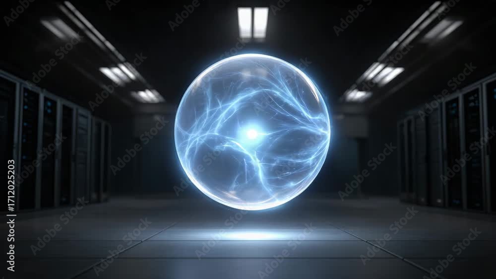 Poster a glowing energy sphere displayed in a modern tech environment, symbolizing power and innovation in 