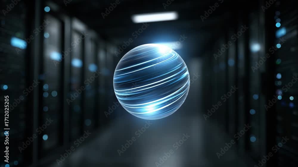 Aufkleber a glowing digital sphere floating in a high-tech server room, symbolizing innovation and data connec