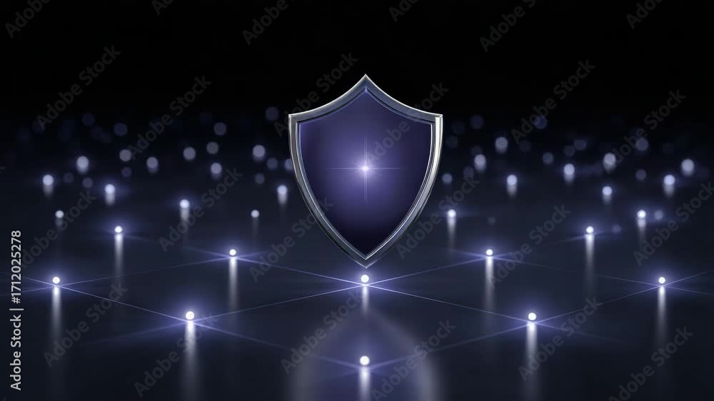 Poster a digital shield icon glowing in a dark, futuristic environment, representing cybersecurity and data