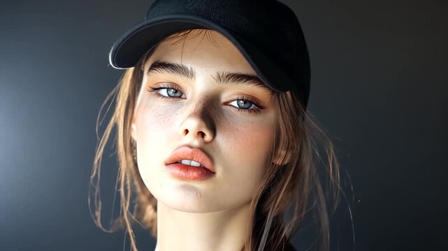 Beautiful Young Woman Wearing a Black Baseball Cap Close Up Portrait.