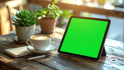 A digital tablet with a blank green screen on a rustic wooden desk with a coffee cup and plants, representing a modern remote work lifestyle