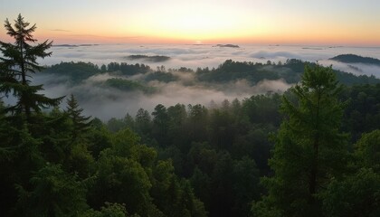 Obraz premium A serene landscape at sunrise with mist covering a dense forest. Tall evergreen trees are silhouetted against the colorful sky, creating a peaceful atmosphere.