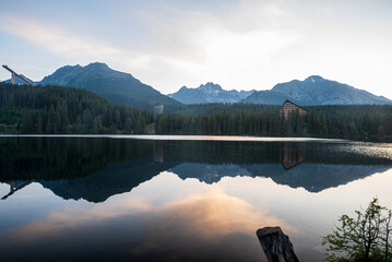 Strbske pleso lake with peaks on the background during early morning