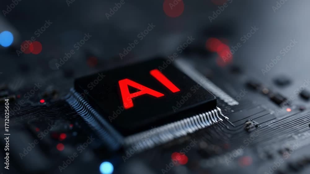 Aufkleber glowing red artificial intelligence microchip illuminating advanced semiconductor circuitry, represe