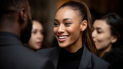 Executives engage in networking conversations at a corporate event in an upscale venue during the evening
