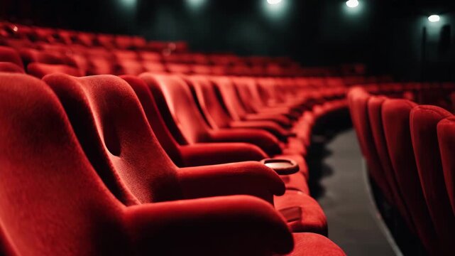 Cinematic close-up of luxurious red velvet cinema seats inside an empty movie theater
