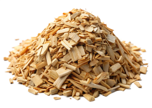 pile of wood chips on white background PNG. AI Generated.