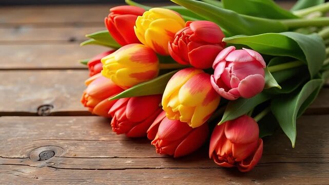 Vibrant bouquet of fresh tulips in fiery reds and sunny yellows gently resting on rustic wooden planks, perfect for spring celebrations and romantic gestures