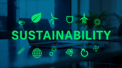 Modern business and technology stock concept featuring a professional workspace with a laptop and futuristic holographic interface. Glowing digital overlays with keywords such as AI, Finance, Business