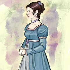 English lady, hand drawn watercolor  texture. Victorian style. Jpg. 