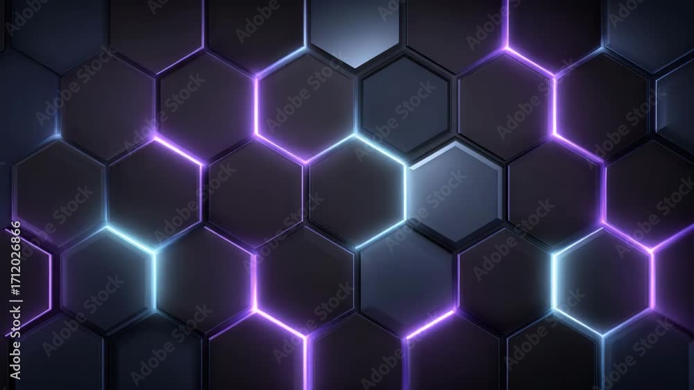 Poster futuristic hexagonal patterns illuminated with vibrant neon lights creating a striking visual effect