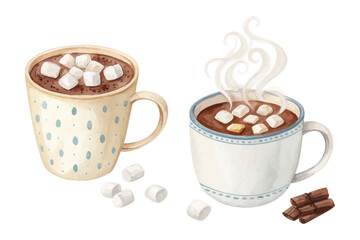 Watercolor Hot Chocolate Mug with Marshmallows vector illustration isolated on white background