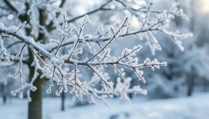 Obraz premium Frost-covered branches of a tree in a snowy landscape. The scene captures the beauty of winter with a soft, cold atmosphere.