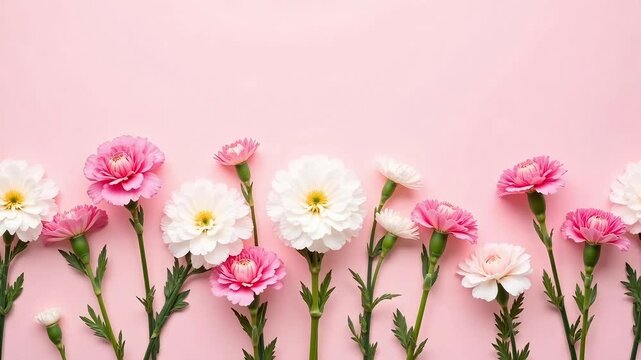 Delicate pink and white carnation blossoms gracefully ascend on thin green stems against a soft pastel background, perfect for spring and floral themes.