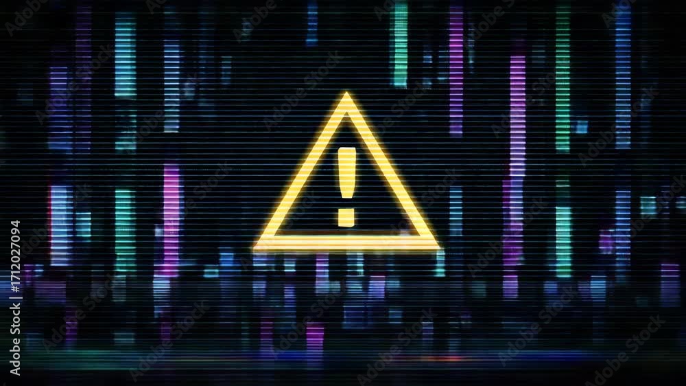 Poster a vibrant digital warning symbol against a dark background, representing alertness in technology and