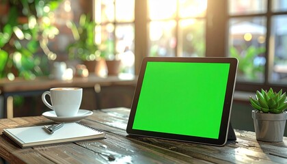 Tablet with green screen on a wooden table next to coffee and plant