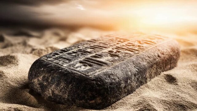 Ancient Cuneiform Tablet Emerging from Desert Sands Under Dramatic Sunlight.
