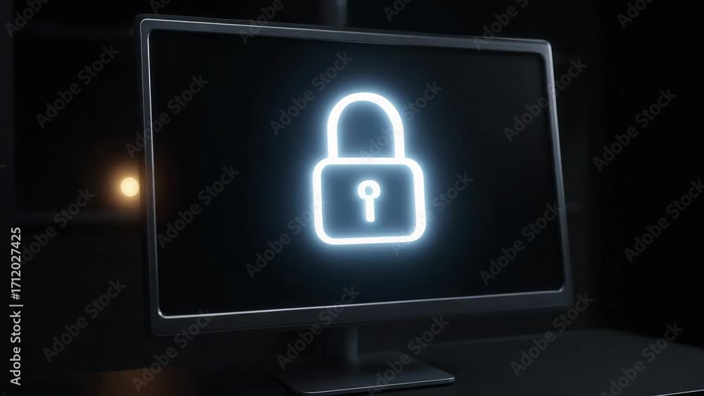 Poster a modern computer screen displaying a glowing lock icon, symbolizing cybersecurity and digital safet
