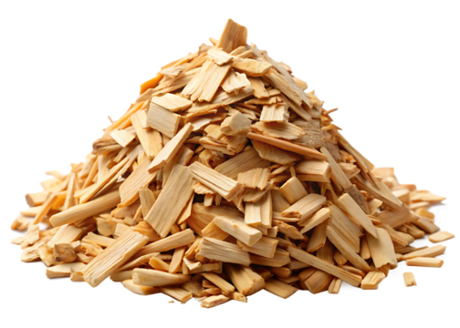 pile of wood chips on white background PNG. AI Generated.