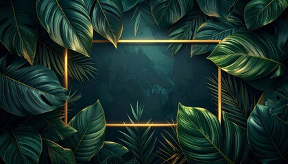 Elegant golden frame nestled amidst dense, vibrant green tropical leaves, creating a luxurious and captivating natural design element for diverse creative presentations