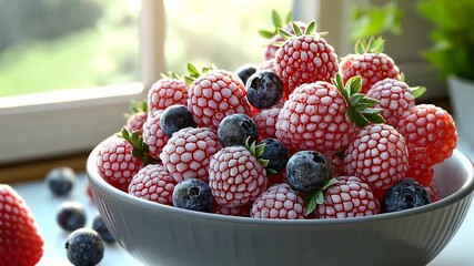 Bowl of Frozen Berries and Blueberries by the Window. - Powered by Adobe