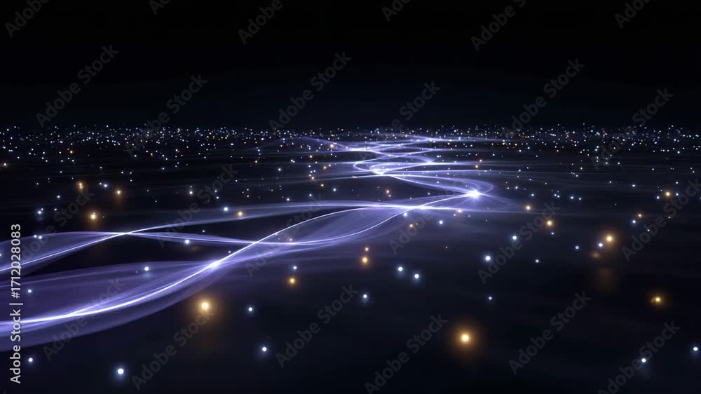 Poster abstract light trails and glowing particles create a mesmerizing digital landscape, representing inn