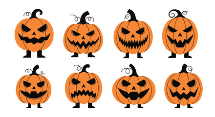 A collection of eight spooky and scary carved jack o lantern pumpkins in various frightening expressions for Halloween night.