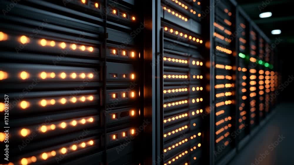 Poster a close-up view of a data center with illuminated servers, representing advanced technology and data