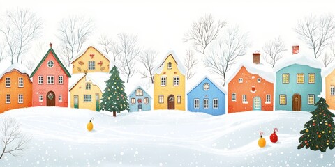 Fototapeta premium Colorful snow-covered village with festive decor and bare trees in winter landscape