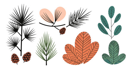 Fototapeta premium A collection of stylized botanical elements with pine cones and leaves in earthy tones.