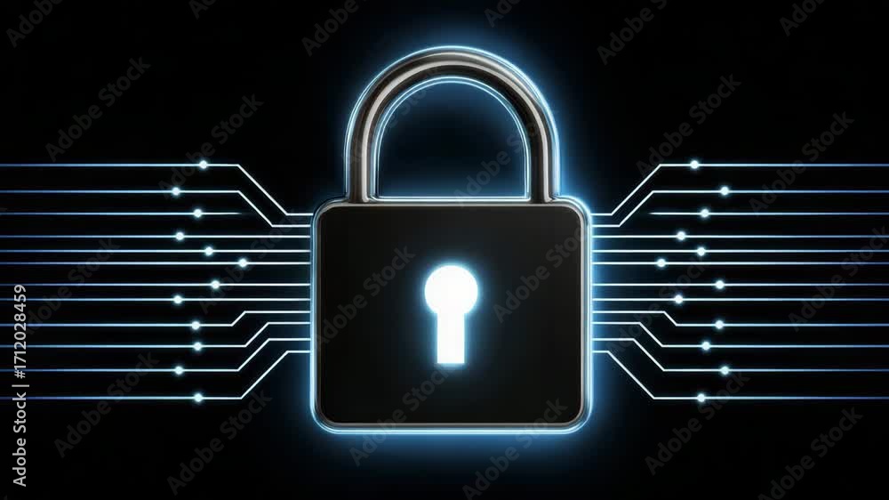 Poster a glowing padlock symbolizing security and protection in a digital world with circuit lines illustra