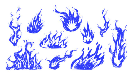 Set of blue doodle flame. Pen ink various fire element. Isolated vector illustration.