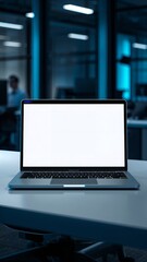 Vertical banner, wallpaper for social media of realistic laptop mockup on a clean modern desk, screen showing a minimal landing page layout blank placeholders, no text, blurred office