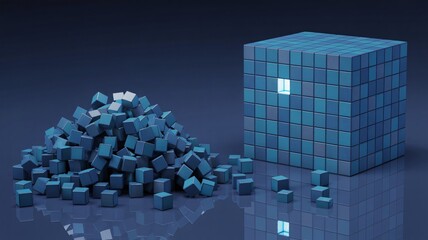 Structured data cube glows with one bright light against pile of loose blocks