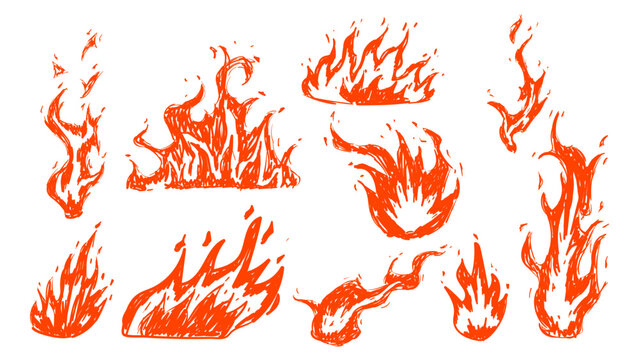 Set of red doodle flame. Pen ink various fire element. Isolated vector illustration.