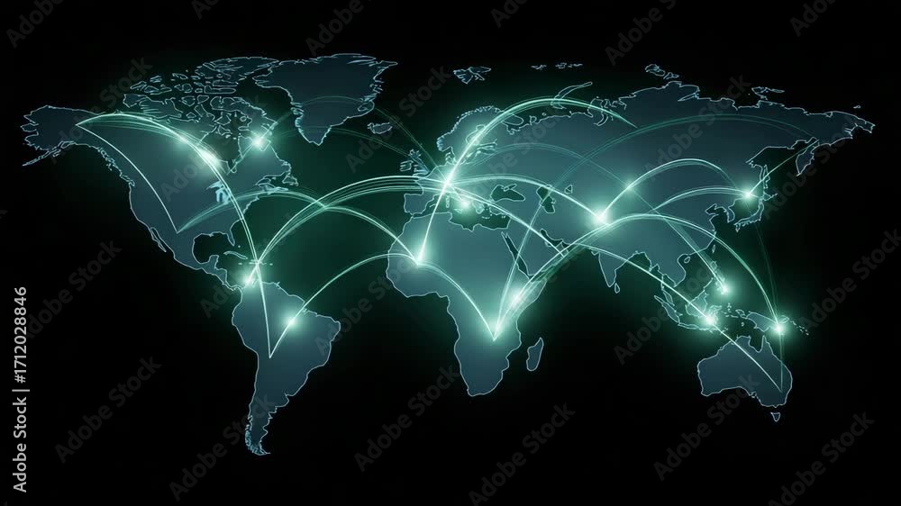 Poster a digital map illustrating global connectivity with glowing networks representing data transmission 