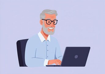 Happy middle aged professional business man, older executive ceo manager, smiling mature entrepreneur wearing glasses and shirt sitting at office desk working on laptop computer. Copy space. Portrait.