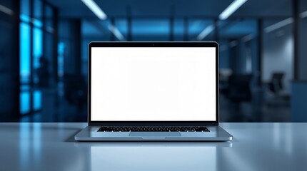 realistic laptop mockup on a clean modern desk, screen showing a minimal landing page layout blank placeholders, no text, blurred office background, glowing blue, black, white gradient