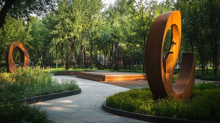 Modern City Park with Sculptures and Walking Paths – Urban Landscape Design