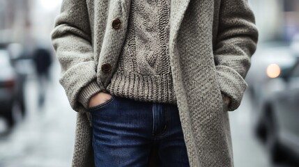 Classic Winter Coat with Chunky Sweater and Jeans – Stylish Cold Weather Outfit