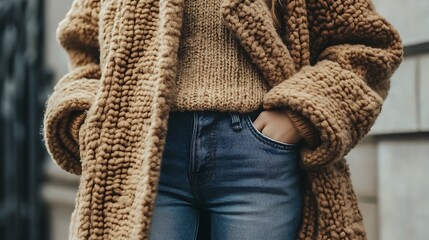 Classic Winter Coat with Chunky Sweater and Jeans – Stylish Cold Weather Outfit