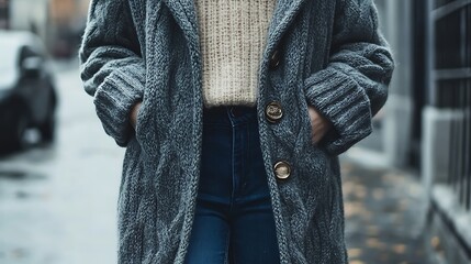 Classic Winter Coat with Chunky Sweater and Jeans – Stylish Cold Weather Outfit