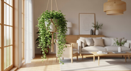 Fototapeta premium Green Potted Plant Hanging in Bright Living Room with Natural Light and Wooden Accents Minimalist Interior Design