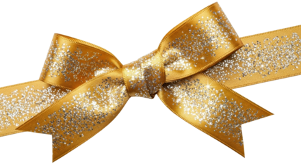 Glittering gold ribbon tied into a bow isolated PNG with Transparent Background