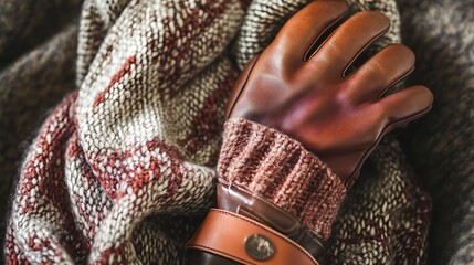 Classic Wool Sweater with Leather Gloves and Scarf – Elegant Winter Fashion