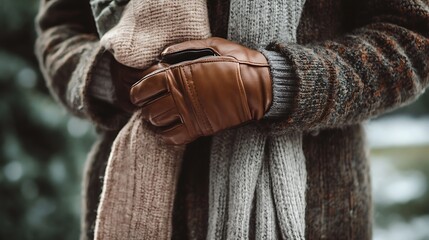Classic Wool Sweater with Leather Gloves and Scarf – Elegant Winter Fashion