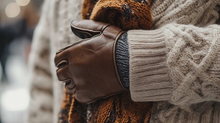 Classic Wool Sweater with Leather Gloves and Scarf – Elegant Winter Fashion